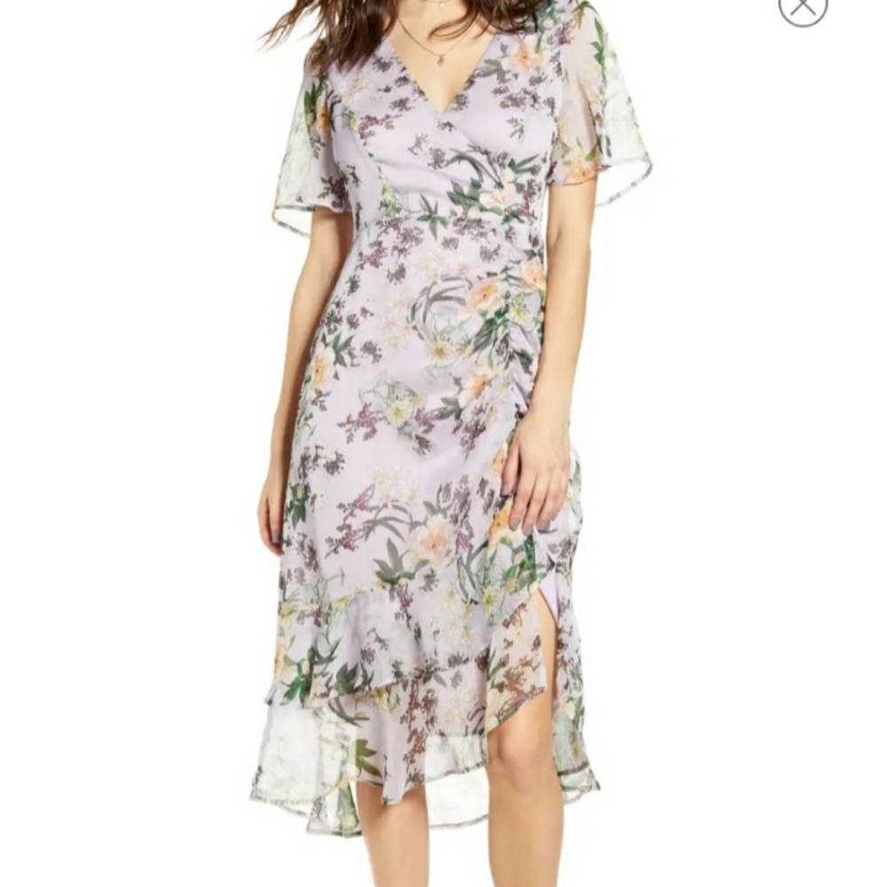 ASTR Floral Ruched Front Dress Ruffle